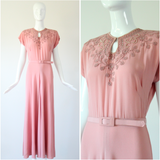 "Pearl & Rhinestone Florals" Vintage 1940's Pearl & Rhinestone Floral Soutache Silk Dress UK 8 US 4