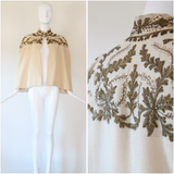 "Cream Wool & Gold Embroidery" Vintage 1940's Cream Wool Beaded & Embroidered Cape UK 8-12 US 4-8