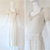 "Ivory Silk & Rhinestones" Vintage 1940's Ivory Crepe Silk & Rhinestone Embellished Gown UK 8 US 4