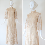 "Cream Floral Lace" Vintage 1960's Cream Floral Lace Dress & Matching Bandana UK 8-10 US 4-6
