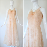 "Embroidered Florals" Vintage 1930's Peach Embroidered Lace Gown UK 10 US 6