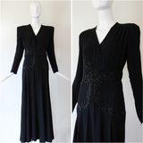 "Glass Beadwork & Silk" Vintage 1940's Crepe Silk Beaded Evening Gown & Jacket UK 10 US 6