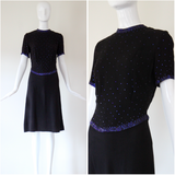 "Night Sky Rhinestones" Vintage 1940's Black Crepe Silk & Cobalt Blue Rhinestone Cocktail Dress UK 8 US 4