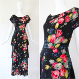 "Tulips & Wildflowers" Vintage 1940's Silk Tiered Wildflower Print Gown UK 12 US 8