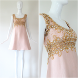 "Pink Silk & Pearls" Vintage 1960's Pink Shantung Silk Beaded Dress UK 8 US 4