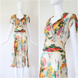 "Wildflower Chiffon" Vintage Late 1930's Wildflower Silk Chiffon Dress UK 10 US 6