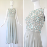 "Trailing White Daisies" Vintage 1960's Muted Blue Silk Chiffon Beaded Gown UK 6 US 2