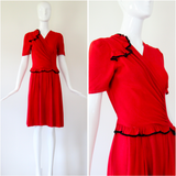 "Velvet Trims" Vintage 1940's Red Crepe & Black Velvet Trim Dress UK 8-10 US 4-6