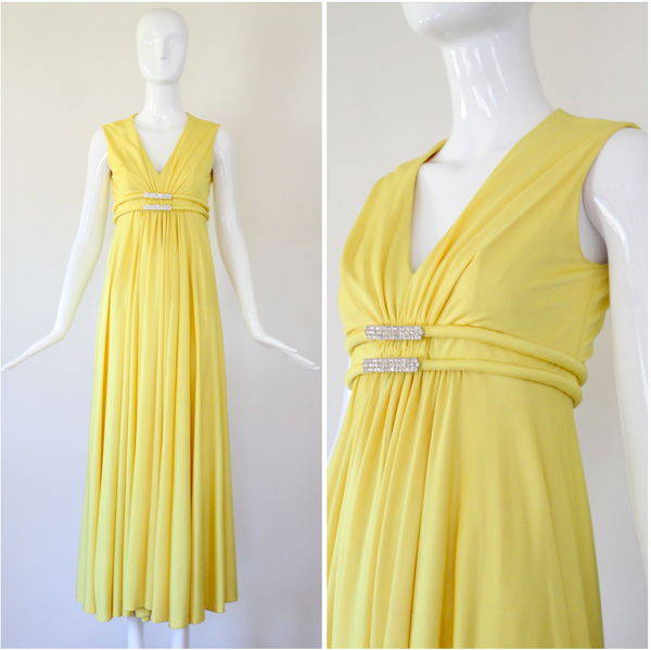 Sicilian Yellow & Rhinestones Vintage 1960's Sicilian Yellow Pleated Gown UK 8 US 4