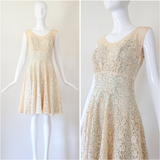 "Cream Floral Lace" Vintage Late 1940's Cream And Pale Blue Lace Dress UK 8 US 4