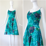 "Aqua Floral Rhinestones" Vintage 1950's Aqua Coloured Floral Rhinestone Dress UK 6 US 2