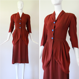 "Draped Pleats" Vintage 1940's Draped Pleated Crepe Silk Skirt Suit UK 10 US 6