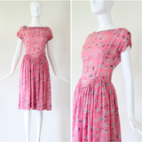 "Scattered Florals" Vintage 1940's Pink & Navy Scattered Floral Silk Dress UK 8 US 4