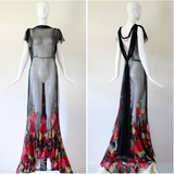 "Wild Tulips" Vintage 1930's Silk Chiffon & Voile Evening Gown UK 10 US 6