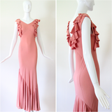 "Waterfall Pleats" Vintage 1930's Blush Crepe Silk Pleated Gown UK 8 US 4