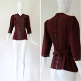 "Glass Bead & Buttons" Vintage 1940's Bitter Chocolate Crepe Silk Beaded Blouse UK 8-10 US 4-6