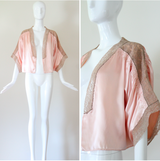 "Pink Silk & Mocha Lace" Vintage 1930's Pink Silk & Mocha Lace Kimono Sleeve Jacket UK 10-14 US 6-10