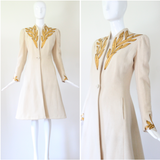 "Golden Leaves" Vintage 1930's Cream Wool & Gold Leather Leaf Coat UK 8 US 4