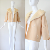 "Embroidered Golden Leaves" Vintage 1950's Cream Wool Embroidered Cardigan US 6-8 UK 10-12