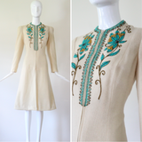 "Turquoise Beadwork & Wool" Vintage Late 1930's Beaded Wool Coat UK 8 US 4