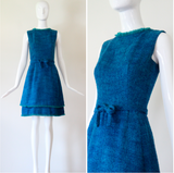 "Teal & Sea Green" Vintage 1960's Teal Wool & Sea Green Fringing Dress UK 6 US 2