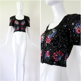 "Sequin Florals" Vintage 1930's Tulle & Sequin Floral Blouse UK 8 US 4