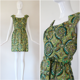 "Peacock Palette" Vintage 1960's Pat Sandler Paisley Silk Brocade Beaded Cocktail Dress UK 6 US 2