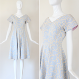 "La Parisienne" Vintage 1950's Pale Blue & Cream Embroidered Dress UK 6-8 US 2-4