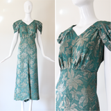 "Opal Green Lamé" Vintage 1930's Floral Opal Green Lamé Gown UK 14 US 10