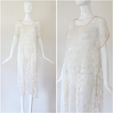 "Filet Lace Florals" Vintage 1920's Filet Lace Floral Tabard Dress UK 10-14 US 6-10