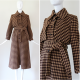 "Tan Plaid" Vintage Early 1970's Tan Plaid Wool Trench Coat UK 8-10 US 4-6