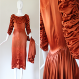 "Amber Satin" Vintage 1930's Amber Satin Pleated & Ruched Satin Dress UK 10 US 6