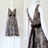 "Watercolour Roses & Velvet" Vintage 1950's Pleated Watercolour Floral Dress UK 8 US 4