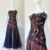 "Botanical Appliqués" Vintage 1940's Navy Blue Organza & Tulle Evening Gown UK 8 US 4