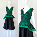 "Green Faille & Lace" Vintage 1950's Green Faille & Black Lace Beaded Dress UK 10 US 6