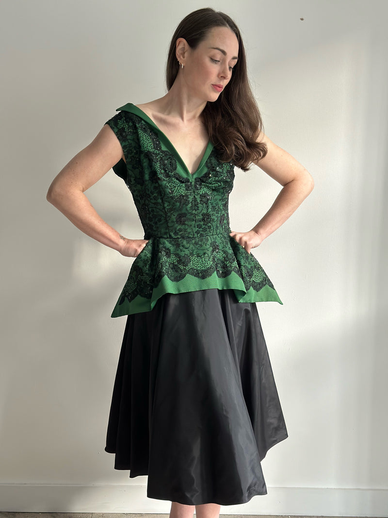 "Green Faille & Lace" Vintage 1950's Green Faille & Black Lace Beaded Dress UK 8-10 US 4-6