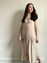 "Blush & Silver Beadwork" Vintage 1920's Blush Silk Chiffon Beaded Dress UK 8-10 US 4-6