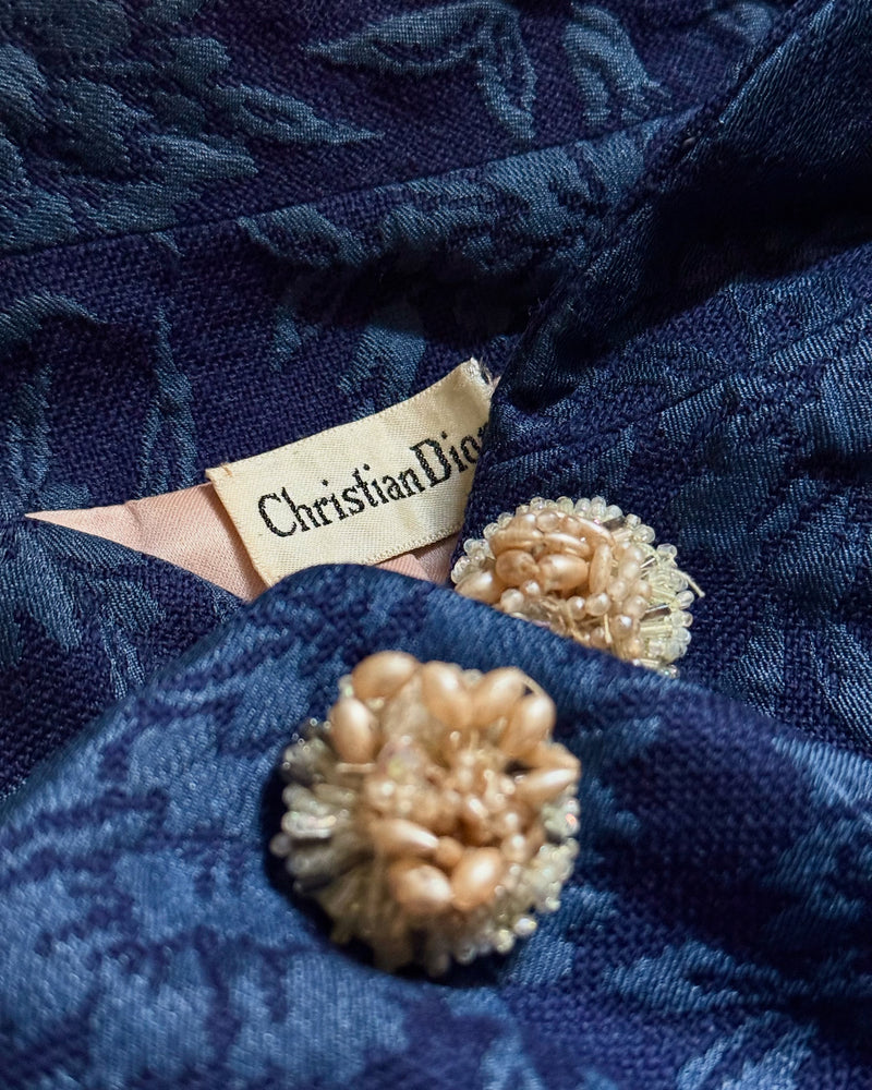 "Blooming Brocade" Vintage 1960's Christian Dior Navy Floral Brocade Dress & Jacket Ensemble UK 8 US 4