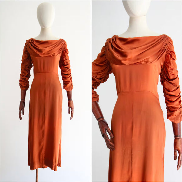 "Amber Satin" Vintage 1930's Amber Satin Pleated & Ruched Satin Dress UK 10 US 6