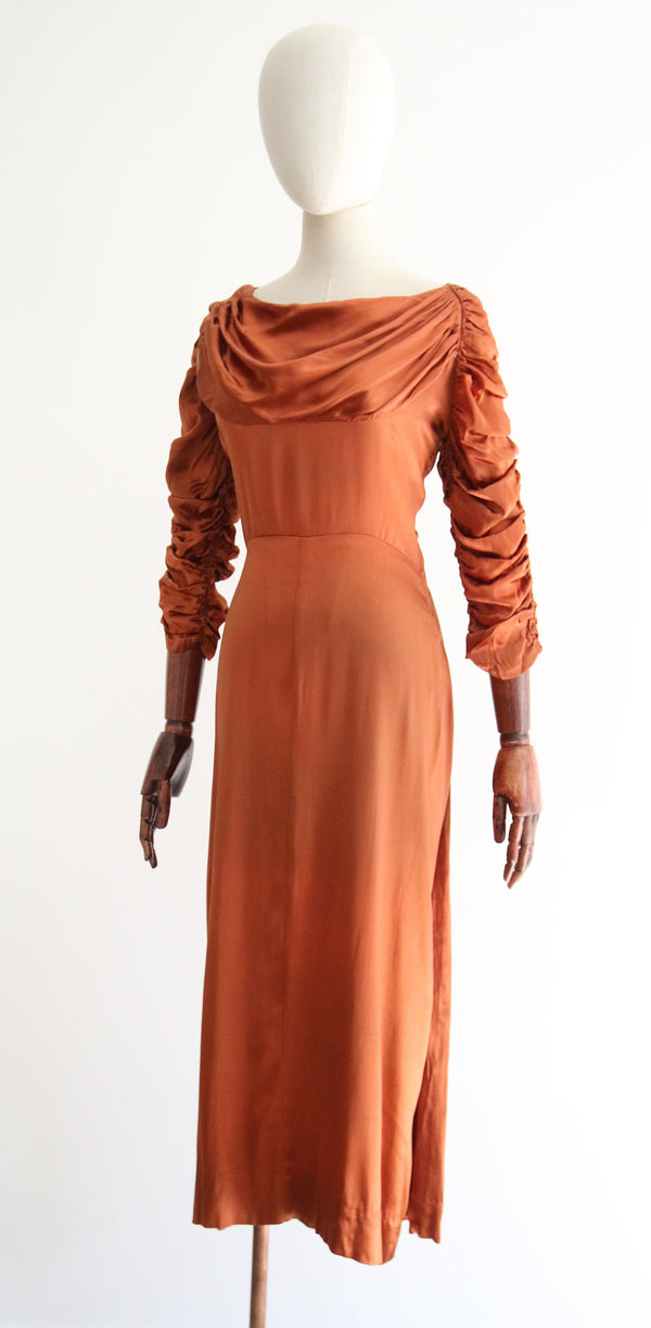 "Amber Satin" Vintage 1930's Amber Satin Pleated & Ruched Satin Dress UK 10 US 6