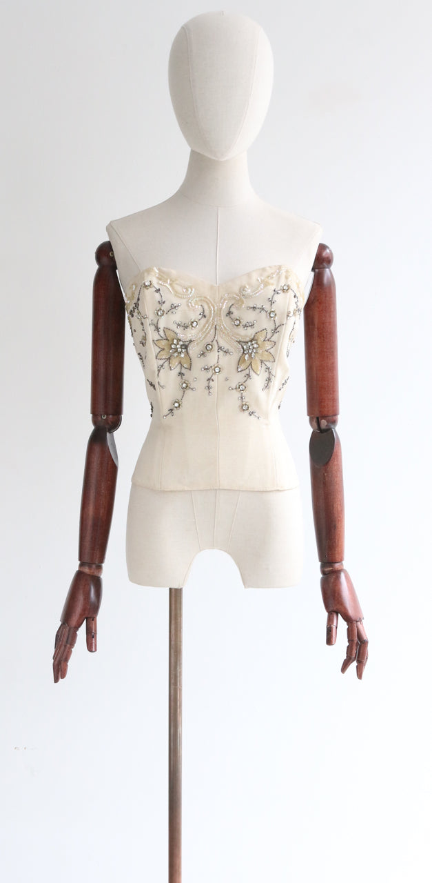 “Trailing Beadwork Bustier" Vintage 1950's Embellished Cream Bustier UK 8 US 4