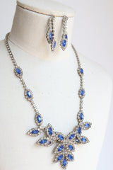 "Sapphire Botanicals" Vintage 1950's Rhinestone Necklace & Earrings Demi Parure Set