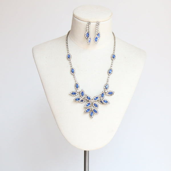 "Sapphire Botanicals" Vintage 1950's Rhinestone Necklace & Earrings Demi Parure Set