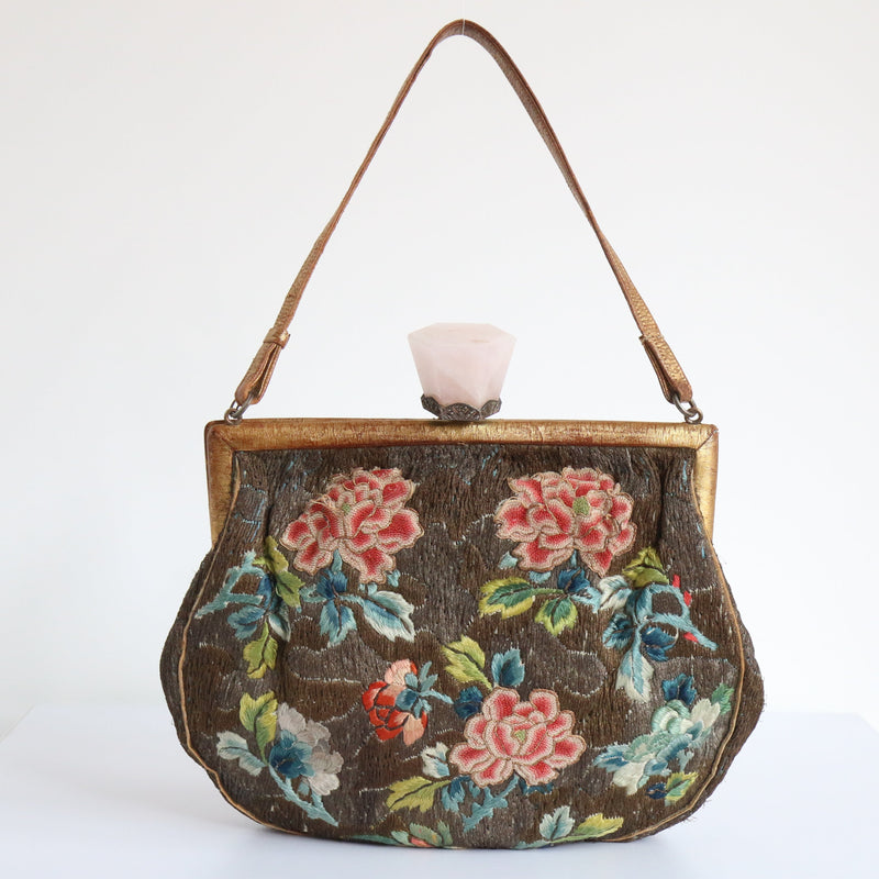 "Needlework Florals" Vintage 1920's Needlework & Lamé Handbag