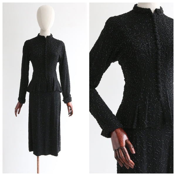 "Divine Beadwork" Vintage 1940's Crepe Silk Beaded Suit UK 10 US 6