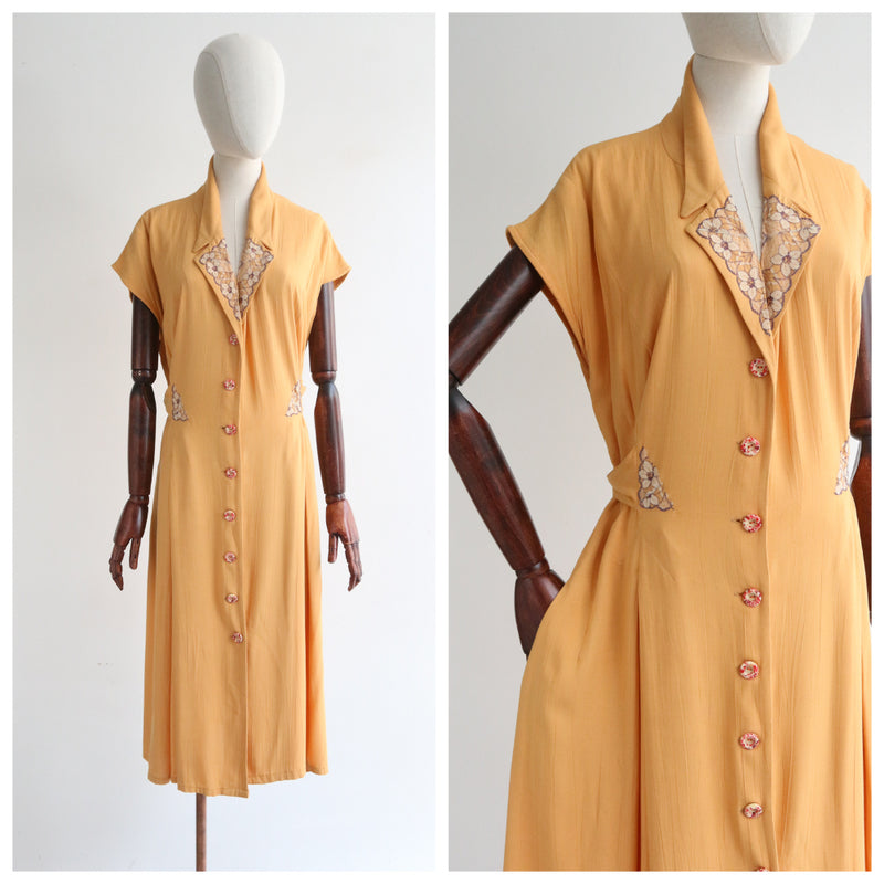 "Marigold Yellow" Vintage 1940's Marigold & Lace Dress UK 14-16 US 10-12