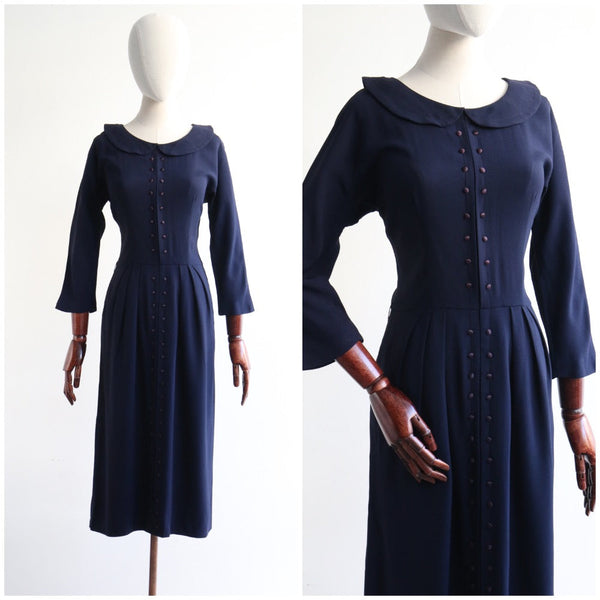 "Damson Button Accents" Vintage 1950's Crepe Silk Navy Dress UK 10 US 6