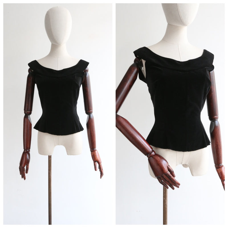 "Midnight Velvet" Vintage 1950's Black Velvet Blouse UK 10 US 6