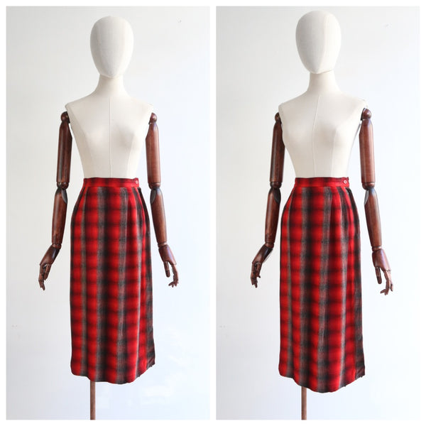 "Red Tartan" Vintage 1950's Red Tartan Cashmere Mix Skirt UK 6 US 2