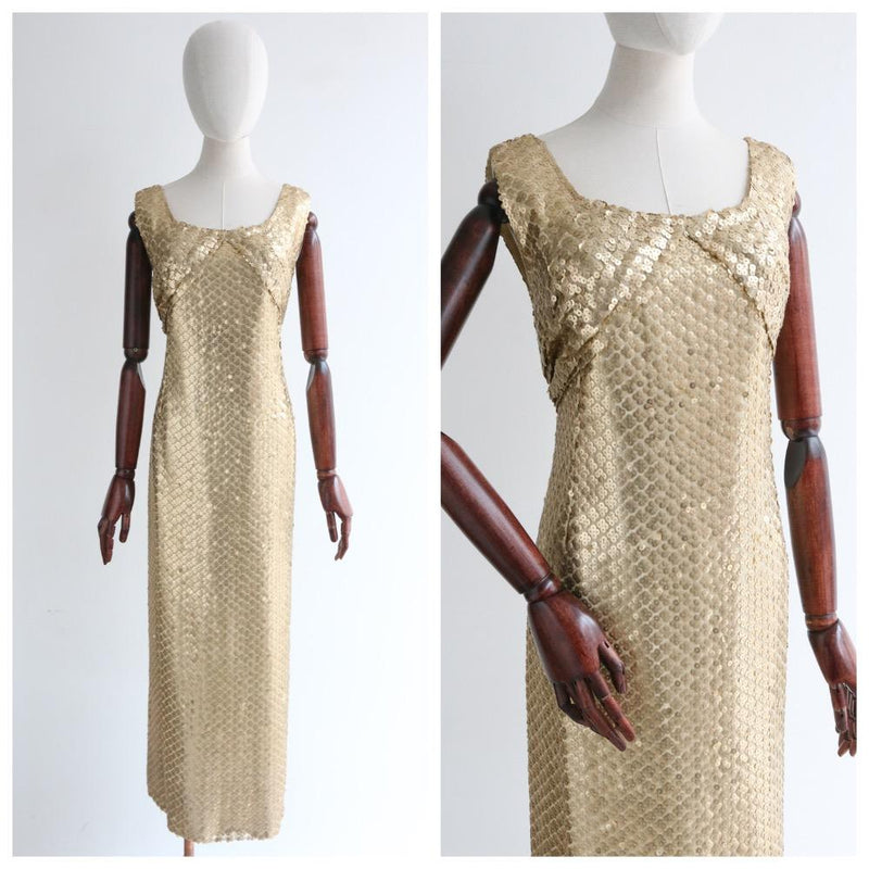 "Gold Sixties Sequins" Vintage 1960's Gold Sequin Evening Dress UK 12 US 8